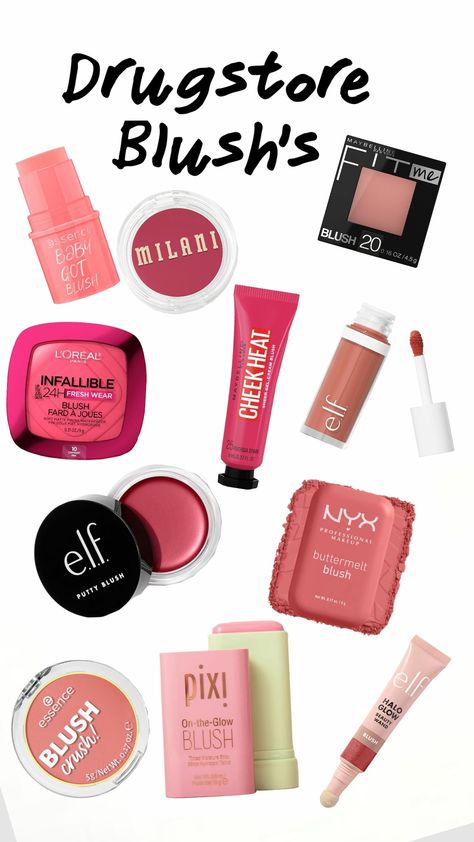 Affordable drugstore blushes #cheapmakeup #pretty #blush #pink Good Drugstore Blushes, Drugstore Powder Blush, Good Blush Products, Liquid Blush Drugstore, Blush Brands, Affordable Blush, Where To Apply Blush, Drugstore Powder, Blush For Dark Skin