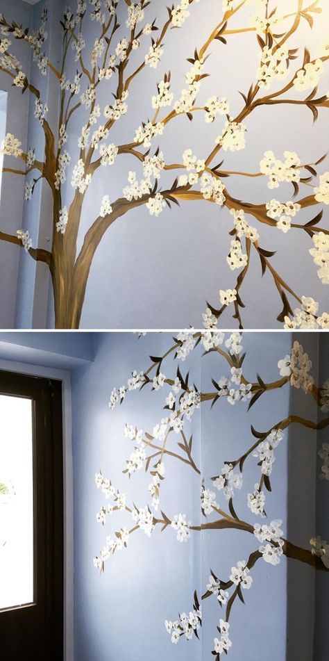 Blossom Tree Mural, Tree Wall Painting, Indoor Mural, Mural Artist, Tree Mural, Tree Stencil, River View, Dogwood Trees, Mural Ideas