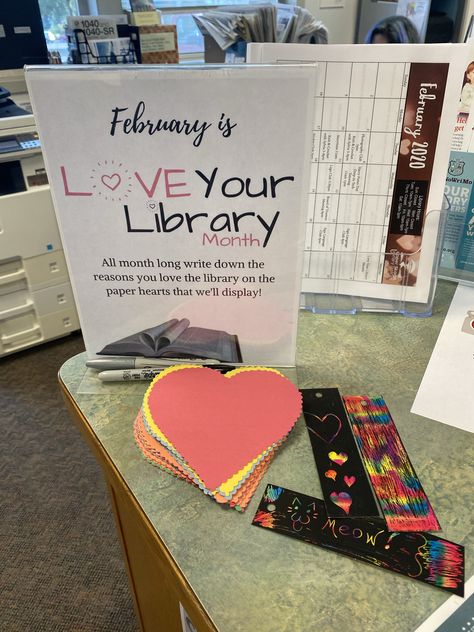 Library Lovers Month Display, Library Shelfie Day, Bookmark Contest Ideas, Valentine Library Ideas, Love Your Library Month Ideas, Valentines Day Book Display, Valentine’s Day Library Display, Valentine Library Bulletin Board Ideas, Library Valentines Day Bulletin Boards