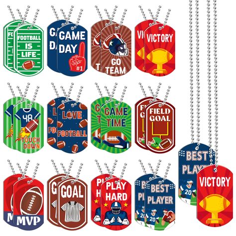 PRICES MAY VARY. Package Contents: Delight in a set of 24pcs football dog tag necklaces, available in 12 unique styles with 2pcs per style. Perfect for kids to share and revel in the camaraderie of football games with friends. These accessories are ideal for party favors, team events, and interactive pet play. Your little football fan will adore these lively and entertaining accessories! Inspirational Football Aesthetics: Each necklace is adorned with motivational football-themed designs such as Football Aesthetics, American Football Party, Pet Activities, Football Party Favors, Mvp Trophy, Football Basket, Football Dog, Goodies Bag, Games With Friends