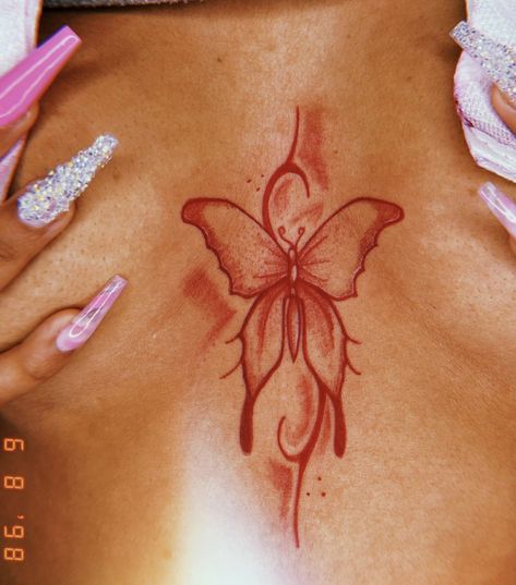 Pelvic Tattoos Women Ideas Small, Center Of Chest Tattoo Female, Tattoos For Underboob, Tattoo On Breast Women, Under Thigh Tattoos Women, Tattoo Ideas Female Breast, Chest Tats For Women, Tattoo Inbetween Breast, Underboob Tattoo Black Women