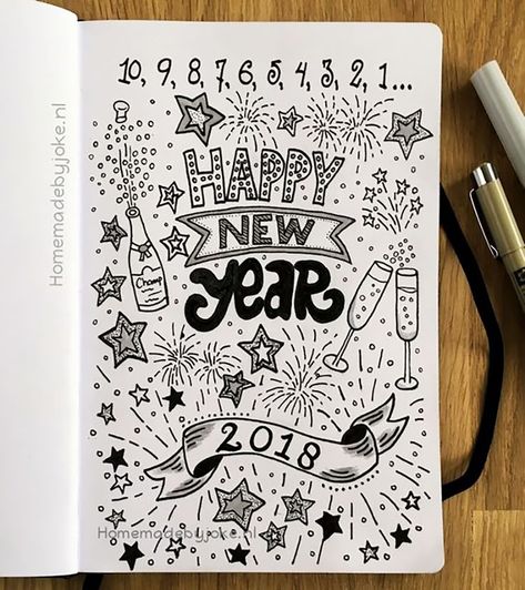 Bullet Journal New Year, New Years Drawing Ideas, New Year's Drawings, December Bullet Journal, January Bullet Journal, Arte Doodle, Bullet Journal Cover Page, Bullet Journal Cover Ideas, Bullet Journal Mood