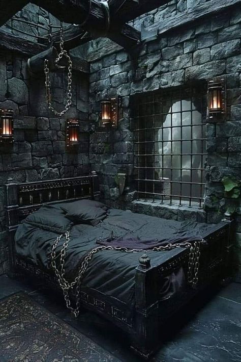 Home Dungeon Ideas, Fantasy Dungeon Art, Atmospheric Bedroom, Dungeon Bedroom, Dark Fantasy Bedroom, Fantasy Room Art, Fantasy Home Interior, Medieval Decorations, Dark Room Aesthetic