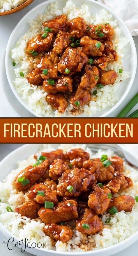 This Firecracker Chicken recipe has extra crispy fried chicken breast or thighs tossed in a flavorful firecracker sauce. It's baked to perfection and makes a delicious restaurant dinner that you can make right at home! Chicken Recipes Served Over Rice, Amazing Family Dinners, Chicken And Rice Recipes Asian, What Can I Make With Chicken Breast, Chicken Breast And Rice Recipes, Chicken Thigh Dinner Recipes, Asian Chicken Breast Recipes, Extra Crispy Fried Chicken, Crispy Fried Chicken Breast