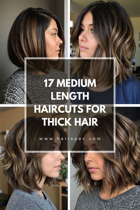 Transform your look with 17 stunning medium-length haircuts for thick hair. These flattering styles, including textured shags and sleek bobs, are designed to complement every face shape. #StunningHairIdeas #ThickHairGoals #MediumHairInspo Different Styles Of Haircuts, Haircut For Medium Length 2024, Medium Length Bob Thick Hair, Mom Haircut Thick Hair, Medium Hairstyles For Thick Wavy Hair, Cute Short Haircuts For Thick Hair Mid Length, Medium Hair Bob Styles, Haïr Cut For Thick Straight Hair, Haircuts 2024 Medium Hair