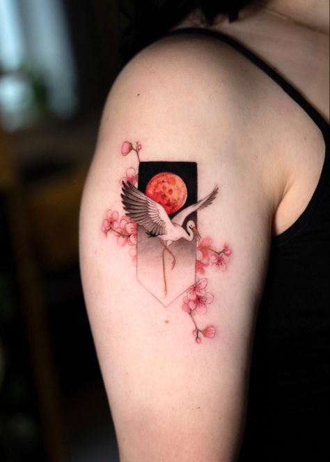 Tattoo, Japanese, stork, moon Stork Tattoo Japanese, Color Outside The Lines Tattoo, Korean Crane Tattoo, Red Crane Tattoo, Chinese Crane Tattoo, Japanese Tattoo Art Women, Japanese Moon Tattoo, Chinese Art Tattoo, Crane Tattoo Design