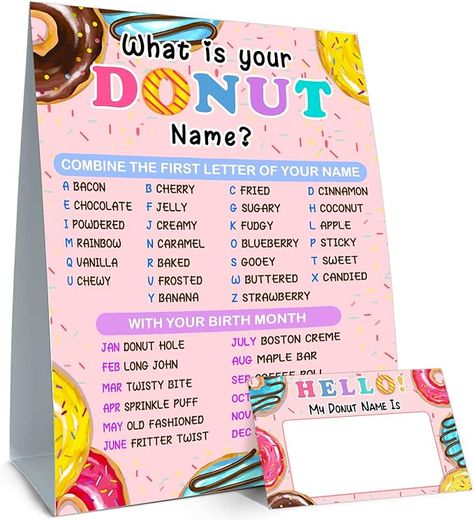 Amazon.com: ALodr What is Your Donut Name Game, Game Sign and 30 Cards, Donut Birthday Party Sign for Girls, Holiday Activity, Wedding, Anniversary, Kids Donut Activity Cards : Home & Kitchen Donut Names, Donut Birthday Party, Maple Bars, Donut Stand, Name Game, Girls Party Decorations, Donut Birthday Parties, Donut Birthday, Fun Sleepover Ideas