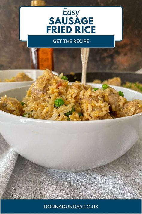 bowl of fried rice with sausage School Night Dinners, Fried Rice Egg, Sausage Fried Rice, Halloumi Pasta, Pork Fried Rice Recipe, Cheap Family Dinners, Beef Fried Rice, Fried Rice With Egg, Pork Fried Rice