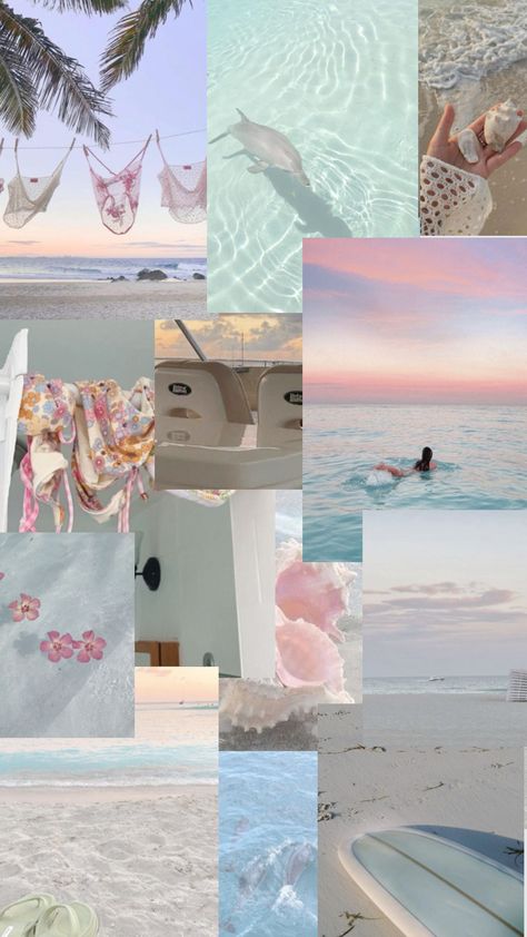 Pink beach coconut aesthetic wallpaper collage with dolphins and pastel pink photos Beach Photo Collage, Vision Board Pink, Collage Vision Board, Ocean Dolphins, Coconut Aesthetic, Beach Collage, Pastel Ocean, New York Wallpaper, 2024 Vision Board