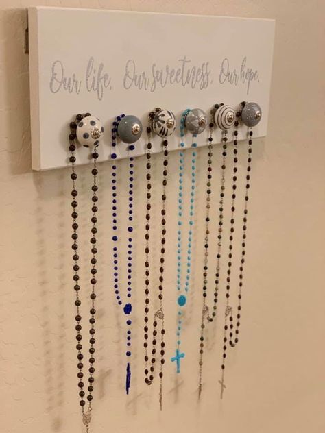 Rosary Hanger Diy, Rosary Hanger, Rosary Holder, Catholic Wall Decor, Home Altar Catholic, Spiritual Room, Family Altar, Prayer Garden, Catholic Altar