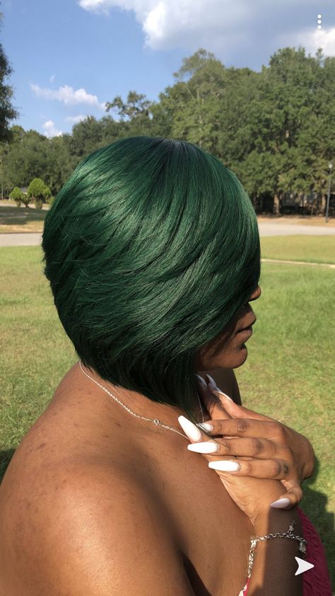 Green Bob Black Women, Quick Weave Short Hairstyles, Quick Weave Bobs For Black Women, Bob Quick Weave, Razor Bob, Short Quick Weave Styles, Long Hair Shaved Sides, Stacked Haircut, Black And Green Hair