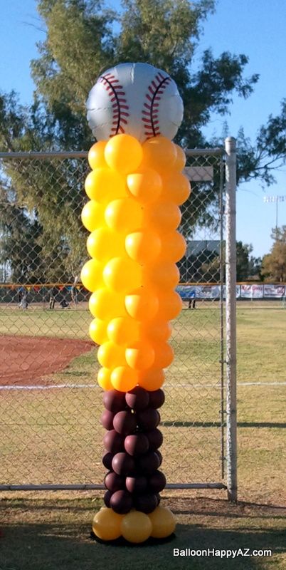 balloon column baseball bat ball little league chandler opening day sports maroon gold brown burgundy yellow Baseball Bat Balloon Column, Baseball Balloon Columns, Parade Float Ideas Baseball, Baseball Balloons, Baseball Decorations, Baseball Party Decorations, Baseball Theme Birthday, Bat Ball, Baseball Theme Party