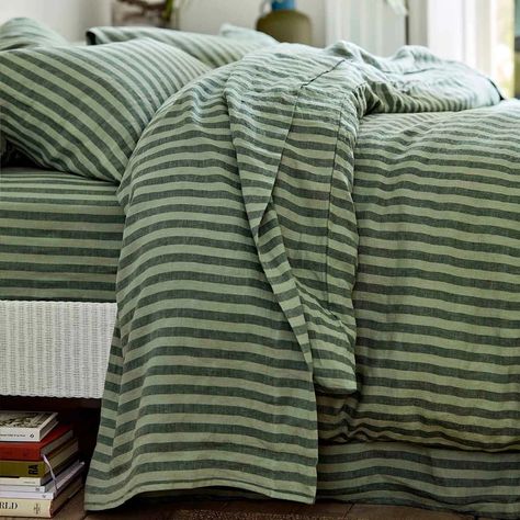 Fun Bedding For Adults, Green Bed Covers, Mix And Match Bedding, Striped Bed, Piglet In Bed, Green Room Decor, Bedding Fabric, Uni Room, Striped Bedding