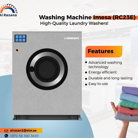 Discover the Excellence of Imesa Washing Machines at Alrazana Kitchen Equipment! At Alrazana Kitchen Equipment, we are dedicated to providing top-quality solutions for your commercial laundry needs. We are excited to introduce the Imesa (RC23E) Washing Machine, a high-quality laundry washer designed to deliver outstanding performance and efficiency. Features of Imesa (RC23E) Washing Machine: Advanced Washing Technology: Ensures thorough cleaning and care for all types of fabrics. Energy-Eff... Commercial Washing Machine, Commercial Laundry, Washing Machines, Kitchen Equipment, Energy Consumption, Energy Efficiency, Washer, Washing Machine, Energy