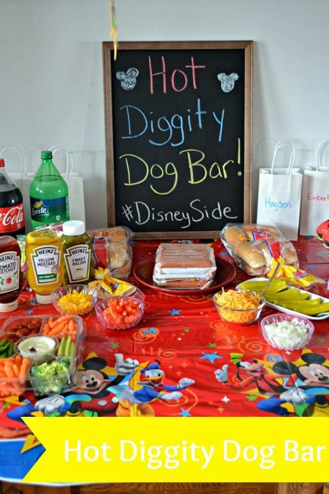 Hot Diggity Dog Bar. Hot Dog Bar Mickey Mouse Club House Birthday Decorations, Mickey Mouse Three Year Old Party, Oh Twodles Birthday Decorations, Mickey Mouse Pool Party Ideas, Disney 1st Birthday Boy, Mickey Party Food, Party Hot Dog Bar, Mickey Mouse Birthday Food, Toodles Birthday Party