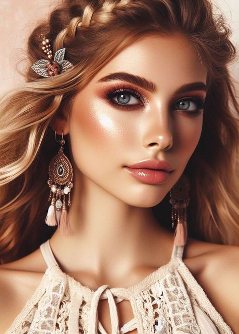 Boho Makeup Must-Haves: Ditch the Rules, Embrace Freedom - makeupguidance.com Boho Chic Makeup, Retro Makeup Looks, Peachy Eyeshadow, Wing Liner, Sheer Foundation, Boho Makeup, Smudged Eyeliner, Smokey Eye Easy, Embrace Natural Beauty