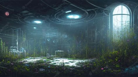 Premium Photo | Abandoned space station overgrown with vegetation plants and grass empty room light from windows and portholes illuminates hall of space station something strange is happening 3d illustration Futuristic Room Concept Art, Abandoned Space Station, Space Station Interior, Futuristic Room, Space Plants, Scifi Interior, Gacha Background, Spaceship Interior, Futuristic Home