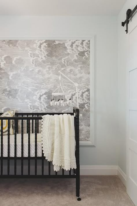 Cloud Wallpaper Bedroom, Horse Mobile, Transitional Nursery, Blue Stripe Wallpaper, Modern Boy Nursery, Nursery Interior Design, Black Nursery, Stripe Wall, British Colonial Decor