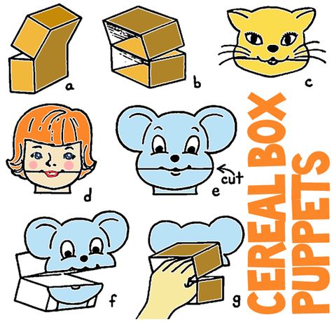 Making puppets with cereal boxes. Would be great to use the little single cereal boxes. Box Puppet, Muppet Puppet, Art Summer Camp, Making Puppets, Animal Logo Inspiration, Craft For Children, I Love My Kids, Puppets For Kids, Kid Games