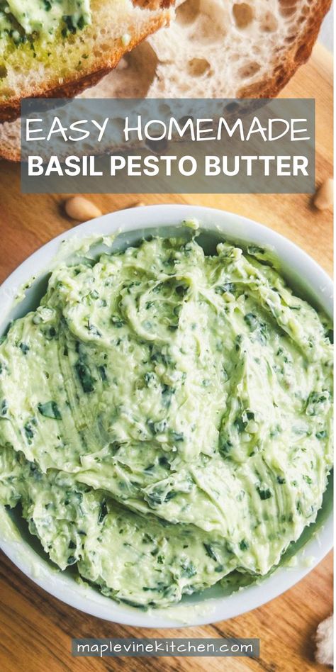 Looking for a quick, tasty and easy homemade basil pesto butter recipe? We've got a simple method and and an even easier shortcut method for making the most delicious pesto butter sauce you've ever tasted, perfect for topping crusty bread, buttery baked salmon, and yummy pasta dishes! Follow us for more simple seasonal recipes with a little bit of fancy! Basil Pesto Butter, Easy Basil Pesto, How To Make Pesto From Fresh Basil, Making Pesto With Fresh Basil, Herb Butter For Salmon, Basil Butter Recipe, Pasta Toppings, Herb Butter Recipe, Honey Mustard Recipes