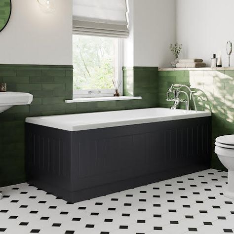 Side panel onlyA side panel is used for baths that are fitted into an alcove or baths which fit the length of a wall and will have no end on display. We have a matching end panel which can be purchased by clicking here: 700mm.A lot of people do not give much thought to the type of bath panel that they are going to use in their bathroom however a good bath panel can have a huge impact on the look and feel of your bathroom. It also helps to hide away the underside of the bath and helps prevent things getting lost underneath.The traditional tongue and groove design and stylish gloss black finish will effortlessly complement traditional bathroom suites and will finish your bathroom off to perfection.Features:Black gloss finishQuality MDF constructionLength: 1700mmHeight: 445mm (excluding plint Bathroom Furniture Wood, Bath Side Panel, Wooden Bath Panel, Black Shower Doors, Grey Bathroom Furniture, Traditional Bath, Wet Room Screens, Walk In Shower Enclosures, Grey Baths