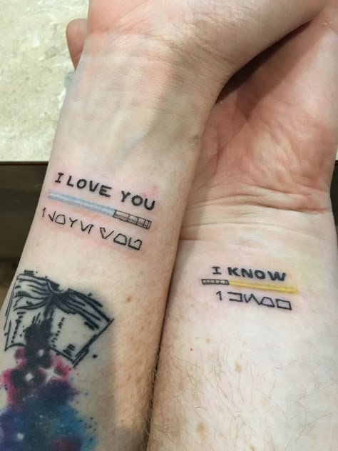 Star Wars Couples tattoo Han And Leia Couple Tattoo, Matching Lightsaber Tattoos, Star Wars Tramp Stamp, R2d2 And Bb8 Tattoo, Star Wars Couple Tattoo Ideas, Star Wars Wrist Tattoo, Matching Nerdy Couple Tattoos, I Love You I Know Tattoo Star Wars Couple Tat, Matching Star Wars Tattoo Couples