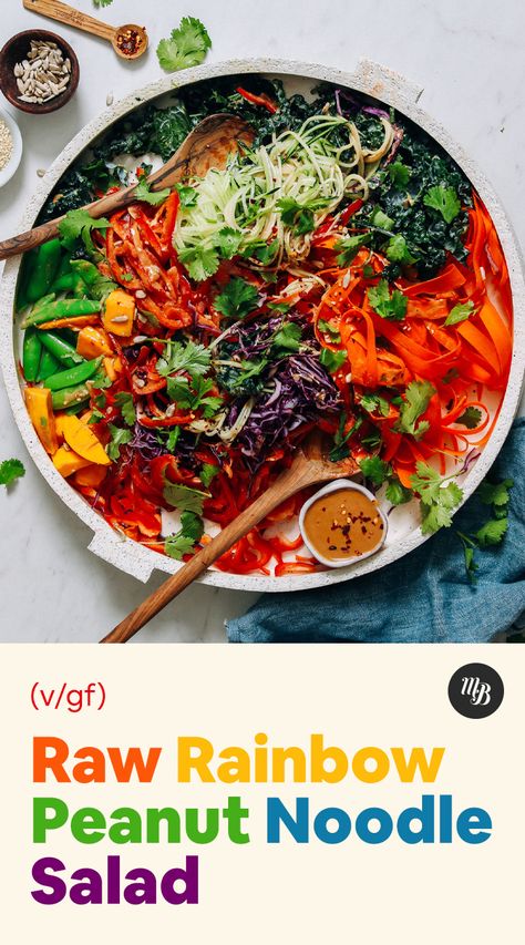 FRESH Rainbow Peanut Noodle Salad! 30 minutes, simple ingredients, BIG flavor! #rainbow #salad #plantbased #glutenfree #recipe #minimalistbaker Peanut Noodle Salad, Salad With Peanut Dressing, Veggie Noodle, Cucumber Vegetable, Carrot Noodles, Glutenfree Recipe, Chard Recipes, Noodle Salad Recipes, Rainbow Salad