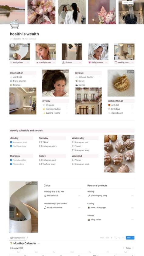 Health Is Wealth Notion Life Planner  , Aesthetic Notion Template, That Girl i in 2024 | Life planner, Skin care routine, Beauty routines Notion Workout Template, Notion Template Ideas, Study Planner Free, Aesthetic Notion Template, Best Weekly Planner, Notion Life Planner, Notion Inspo, Planner Minimal, Aesthetic Notion