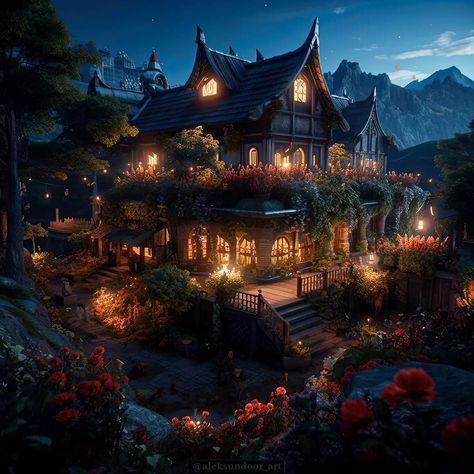 Fantasy Inn Exterior, Fantasy Cottage Art, Fairytale Locations, Fantasy Inn, Fairytale Town, Witch's House, Dnd Backgrounds, Fantasy Cottage, Fantasy Village