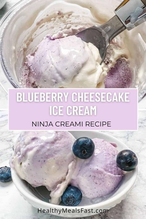 Ninja CREAMi Blueberry Cheesecake Ice Cream Cheesecake Ice Cream Ninja Creami, Healthy Blueberry Cheesecake, Blueberry Cheesecake Ice Cream Recipe, Ice Cream Maker Recipes Healthy, Blueberry Cheesecake Ice Cream, Cheesecake Ice Cream Recipe, Ninja Ice Cream Recipe, Protein Ice Cream Recipe, Cheesecake Ingredients