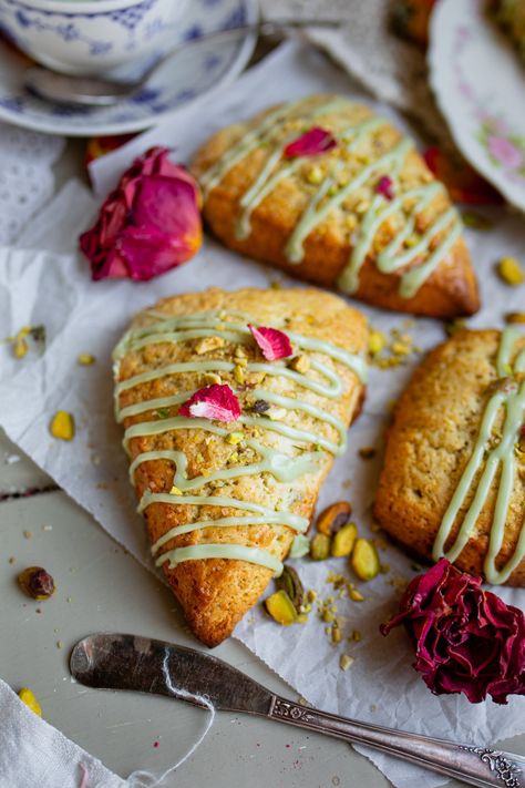 Pistachio Rose Scones: Bridgerton Inspired Tea Party Recipe — Under A Tin Roof Rose Scones, Pistachio Icing, Savory Baking Recipes, Fantasy Cottagecore, Homemade Rose Water, Pistachio Rose, Sandwich Sauces, Baked Breads, Homemade Scones