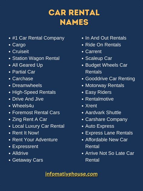 Catchy Car Rental Names Ideas For Companies Rental Car Business, Car Names Ideas List, Car Names List, Rental Business Ideas, Car Names Ideas, Small Business Ideas Startups, Unique Business Names, Rental Ideas, L Names