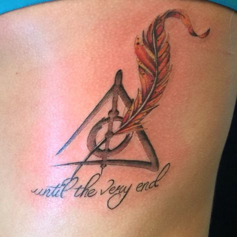 My harry potter design! Done in Denver by Angell @ Fallen Owl! Love this!!! #phoenixfeather #deathlyhallows #harry potter#fallenowltattoo Phoenix Tears Tattoo, Tears Tattoo, Phoenix Tears, Harry Potter Design, Piercings Ideas, Potter Tattoo, Phoenix Feather, 3 Tattoo, Harry Potter Tattoos