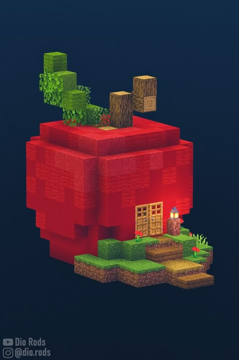 A cute and simple apple house for minecraft survival. Llama House Minecraft, Minecraft Food House Ideas, Minecraft Coat Hanger, Food Houses Minecraft, Minecraft Fruit House Ideas, Minecraft Apple House, Minecraft Fruit Build, Apple House Minecraft, Minecraft Apple Orchard