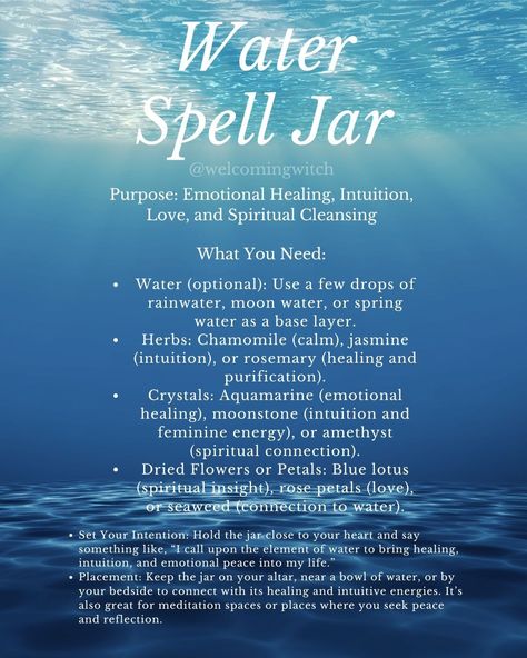 Water Spell Jar Idea . . . . . . . . . #witchlife #witchesofinstagram #witchcraft #pagan #witchy #witchtok #witchyvibes #witchesofig #witchythings #witchaesthetic #spelljar Karma Jar Spell, Jar Spells For Beginners, Clarity Spell Jar, Reflection Spell, Jar Spells Witchcraft, Spell Jars Witchcraft, Sea Witchery, Witch Guide, Witchy Ideas