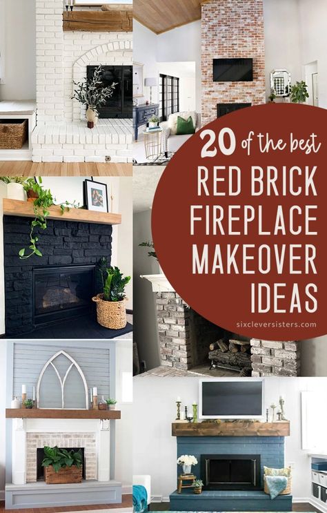 Red Brick Fireplace Makeover Ideas | How to update a red brick fireplace | How to modernize a red brick fireplace | What color looks good on a red brick fireplace | 20 Ideas for updating your red brick fireplace - at Six Clever Sisters! Redoing Old Brick Fireplace, Living Room With White Washed Fireplace, Fireplace Tile Over Brick, What Color To Paint Brick Fireplace, Painting A Brick Fireplace Ideas, Upgrade Brick Fireplace, Modernize Brick Fireplace, Refinished Brick Fireplace, How To Paint Brick Fireplace