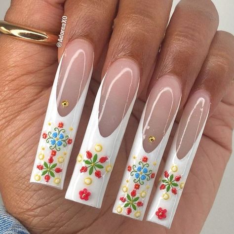 Blue Mexican Nails, Mexican Style Nails, Basic Baddie Nails, Folk Art Patterns, Mexican Nails, Quinceanera Nails, Diy Acrylic Nails, Baddie Nails, Cute Acrylic Nail Designs