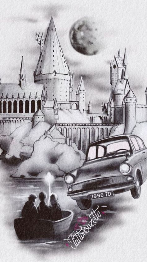 Harry Potter Drawing Ideas, Hogwarts Castle Tattoo, Harry Potter Flying Car, Harry Potter Drawing, Harry Potter Tattoo Sleeve, Hery Potter, Hogwarts Tattoo, Cross Stitch Harry Potter, Harry Potter Sketch