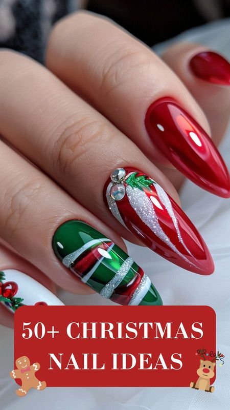 🌺🌼🌺20+ Nail Art Ideas For Wwinter And Charismas You Must Copy Right Now🌺🌼🌺 Christmas Finger Nail Design Ideas, Xmas Nail Designs 2024, December Nails New Years, Christmas Hat Nail Art, Almond Nail Art Christmas, Gel Nail Christmas Designs Holidays, Winter Red Nails Design, Christmas Nail Art Designs 2024, Xmas Nail Designs Simple Christmas