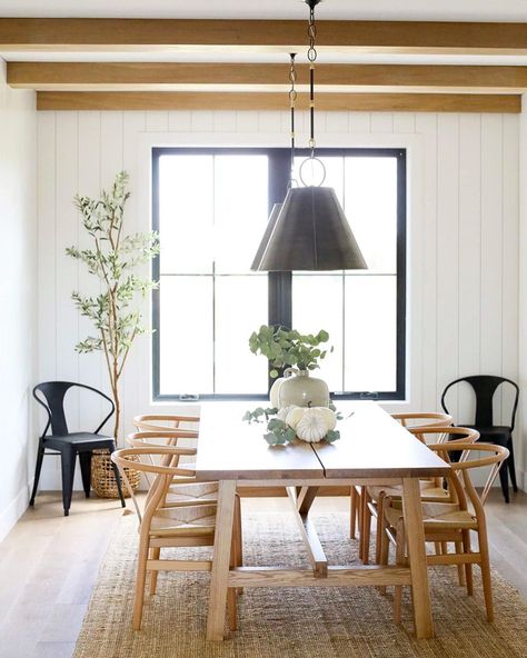 Joinery & Design Co. on Instagram: “REVEALING the DINING ROOM today! This has been a fun transformation to watch come together! From Dan surprising me with those lovely beams…” Vertical Shiplap, Guest House Plans, Ship Lap, Joinery Design, White Dining Room, Online Furniture Shopping, Real Quick, Home Design Plans, Farmhouse Design