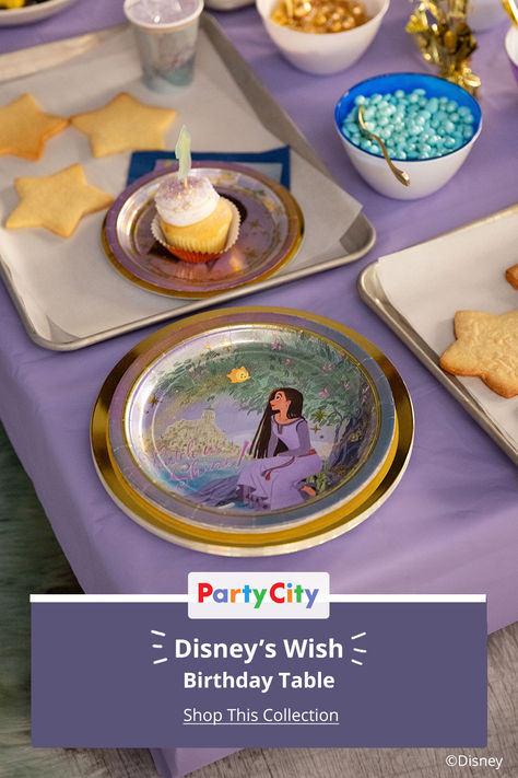 Explore our collection of tableware for an enchanted birthday party inspired by Disney’s Wish. Dress the table with a lilac-colored tablecloth, then layer with themed plates, cups, napkins, and utensils. Top your party table with colorful candy and decorations. Find more Disney’s Wish table settings at Party City. Disney Wish Party Theme, Wish Birthday Party Theme, Wish Themed Birthday Party, Disney Wish Party, Wish Party Theme, Wish Birthday Party, Disney Wish Birthday Party, Enchanted Birthday Party, Wish Asha