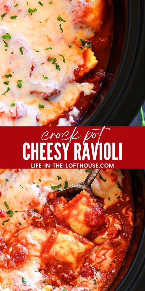 Cheesy Ravioli Cheese Ravioli Crockpot, Ravioli Bake Crockpot, Crock Pot Ravioli Casserole, Ravioli Slow Cooker Recipes, Cheese Ravioli Crockpot Recipes, Crockpot Frozen Ravioli Recipes, Ravioli Dinner Ideas Meals, Frozen Ravioli Recipes Crockpot, Ravioli Recipe Crockpot