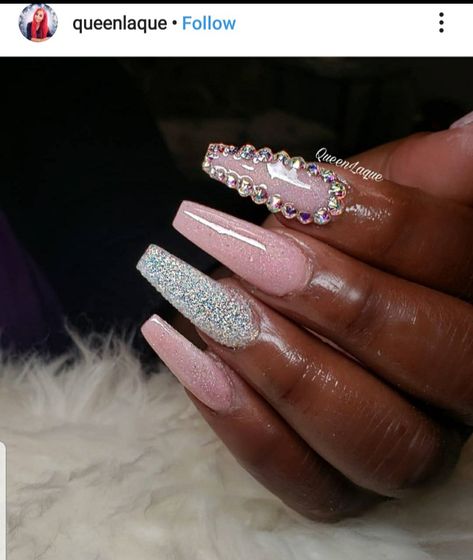 Pink And Silver Acrylic Nails, Pink And Silver Nail Designs, Silver And Pink Nails, Pink And Silver Nails, Silver Sparkle Nails, White Tip Acrylic Nails, Sliver Nails, Sparkly Acrylic Nails, Silver Acrylic Nails