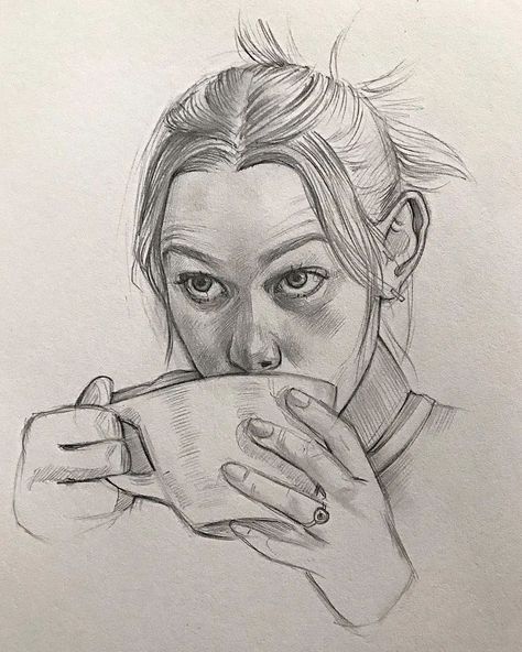 Pencil Portrait Drawing, Portraiture Drawing, Art Drawings Sketches Pencil, Figure Sketching, Portrait Sketches, Wow Art, Drinking Coffee, Art Drawings Sketches Creative, Hand Art Drawing