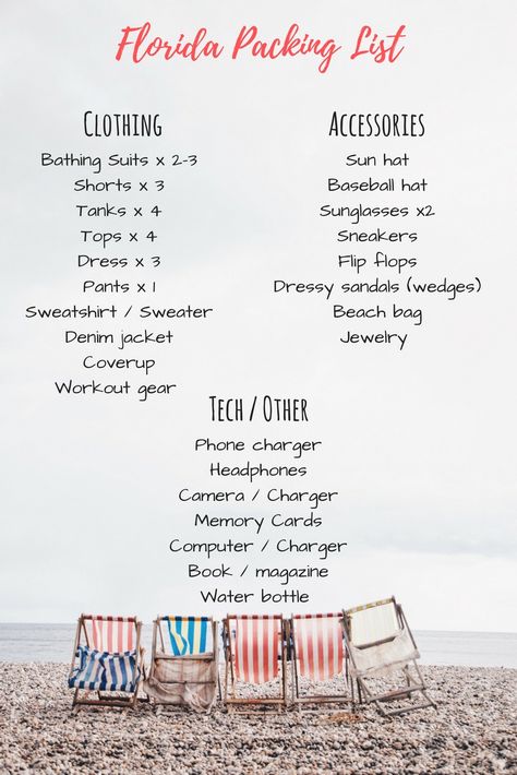 Florida Packing List What To Bring To Florida Packing Lists, 4 Day Trip Packing List Florida, 5 Day Trip Packing List Spring, What To Bring To Florida, Florida Packing List For A Week, 7 Day Beach Vacation Packing List, Florida Trip Outfits, Packing For Florida, Florida Packing List