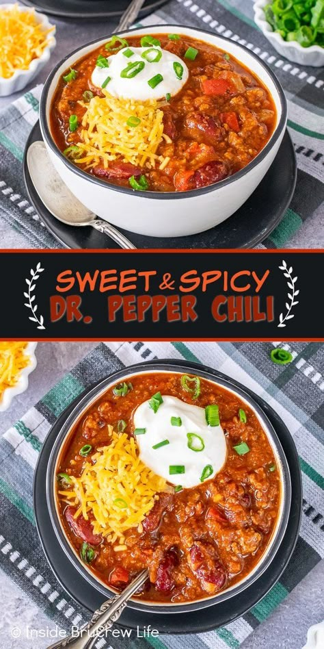 Sweet and Spicy Dr. Pepper Chili - chipotle peppers in adobo sauce and Dr. Pepper give this hearty chili a delicious sweet and spicy flavor. Easy chili recipe to make for cold days, game days, or chili cook offs. Chili Recipe Sweet And Spicy, Chili Cook Off Winner, Dr Pepper Chili, Spicy Crockpot Chili, Chipotle Chili Recipe, Sweet Chili Recipe, Unique Chili Recipes, Chipotle Peppers In Adobo Sauce, Hearty Chili Recipe