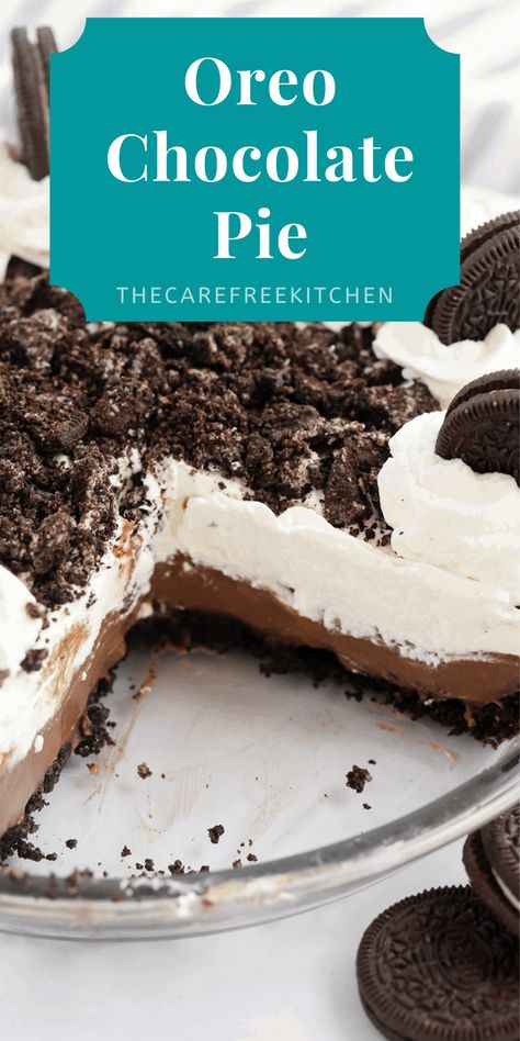 This homemade Oreo Chocolate Pie is made with a silky smooth chocolate pudding tucked into a crisp Oreo crust and topped with freshly whipped cream. It’s super decadent with a rich chocolate flavor and is insanely simple to make. #thecarefreekitchen #oreo #chocolate #pie #chocolatecreampie #frenchsilk #dessert #oreopie #oreocrust Oreo Chocolate Pie, Oreo Pudding Pie, Pudding Pie Recipes, Chocolate Pie Filling, Oreo Pie Crust, Chocolate Cream Pie Recipe, Cream Pie Filling, Homemade Chocolate Ice Cream, Chocolate Pie With Pudding