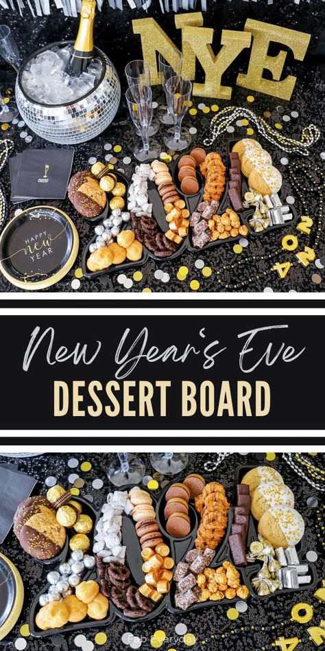 Are you hosting an NYE party or get together? Or just want a fun NYE dessert board for your family? Today I'm sharing how to make a New Years Eve dessert board (a New Years dessert charcuterie board) for your New Years Eve dessert table. This New Year's dessert charcuterie board is easy to make, but perfectly festive for your fête, with most of the decorations available from Party City. Click or visit FabEveryday.com for the details. New Years Eve Dessert Charcuterie Board, New Years Party Desserts, New Year’s Eve Party Apps, New Year's Eve Desserts, Nye Party Food Ideas, Charcuterie Board New Years Eve, Nye Charcuterie Board, New Years Eve Charcuterie Board, New Years Brunch Ideas