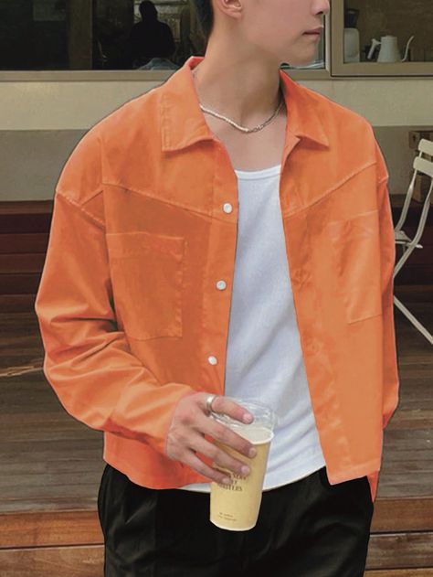 Orange Casual Collar Long Sleeve Woven Fabric Plain Shirt Embellished Non-Stretch  Men Clothing Orange Casual Outfit Men, Mens Orange Shirt Outfits, Orange And White Outfits Men, Orange Shirt Outfit Men, Orange T Shirt Outfit, Orange Outfit Men, Wildberry Lillet, Sunrise Outfit, Orange Shirt Outfit