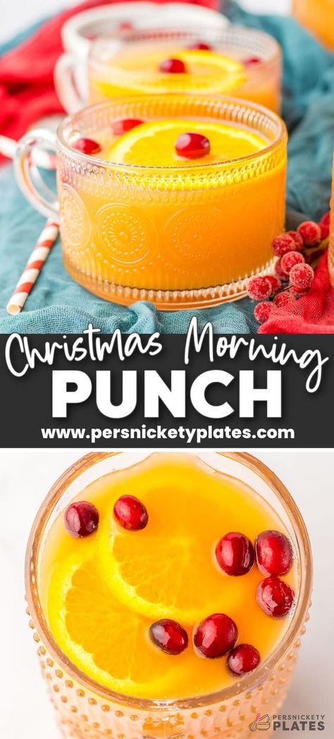 Presents from Santa aren't the only reason to get excited about Christmas morning! This family-friendly and festive Christmas morning punch recipe is a combination of pineapple juice, orange juice, cranberry cocktail, and ginger ale, garnished with cranberries and fresh orange slices, and the perfect way to get the holiday festivities off to a refreshing start! Breakfast Punch Recipe, Breakfast Punch, Presents From Santa, Christmas Morning Punch, Persnickety Plates, Brunch Punch, Easy Margarita Recipe, Best Margarita Recipe, Morning Cocktail